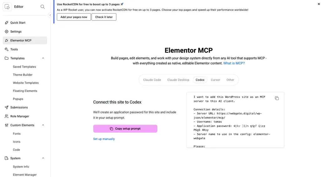 Screenshot: A simple Elementor MCP setup