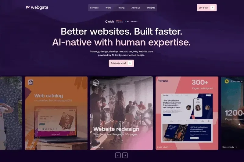 Animated preview of Webgate’s homepage and selected website projects