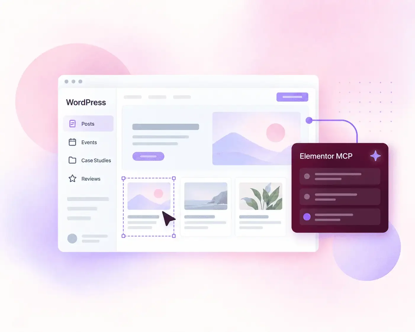 Illustration of WordPress content types and visual website editing connected to Elementor MCP